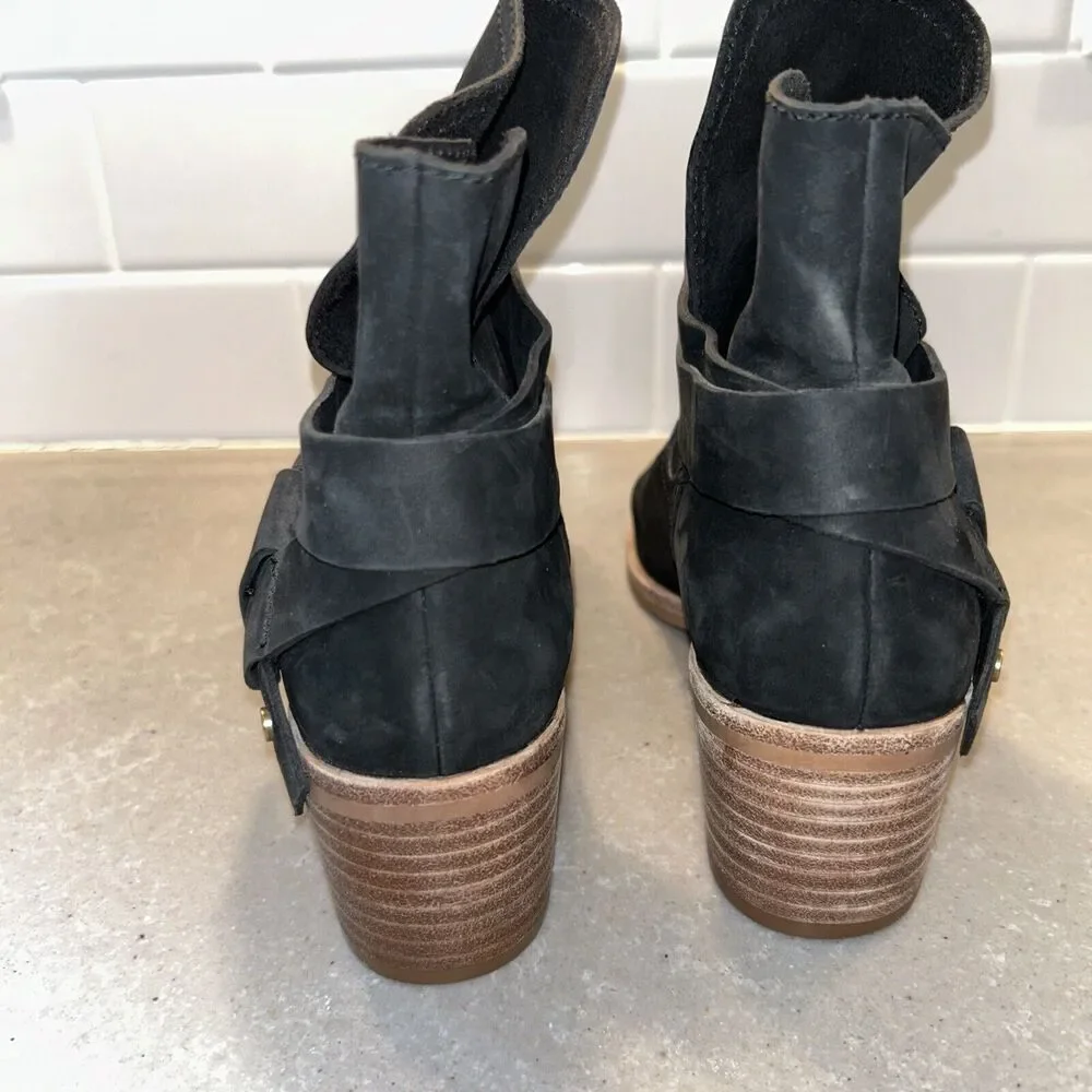 UGG Boots Womens 5 Elora Ankle Booties Black Suede Block Heels Pull‎ On EUC